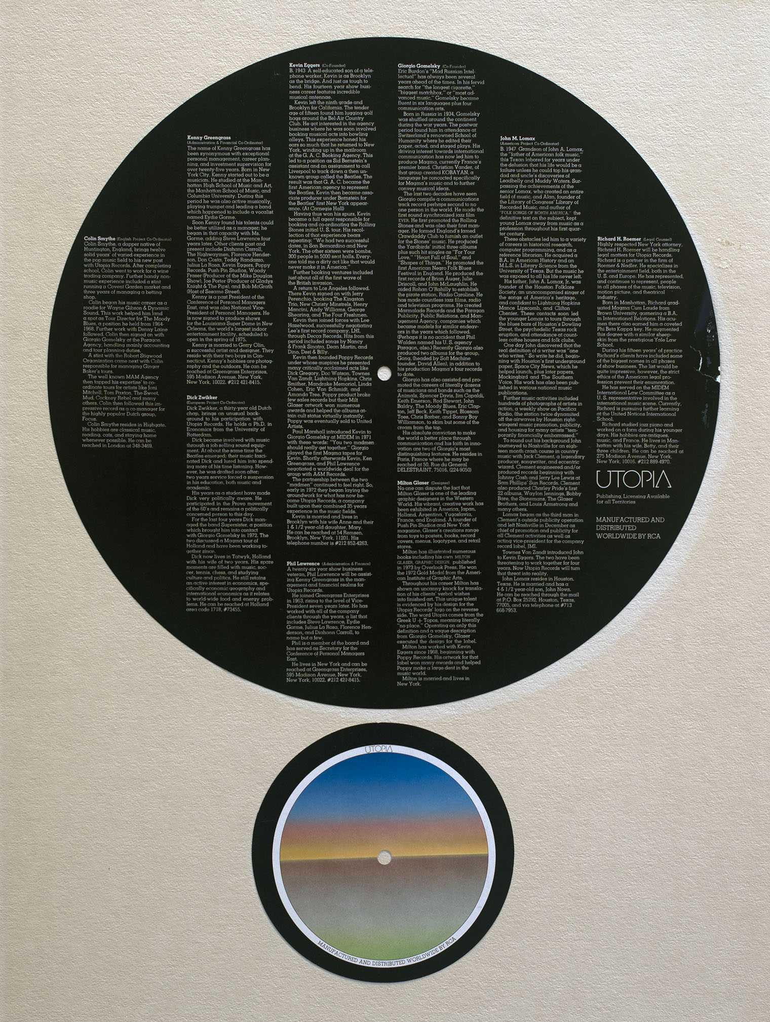 Circular poster with Tomato Records personnel bios